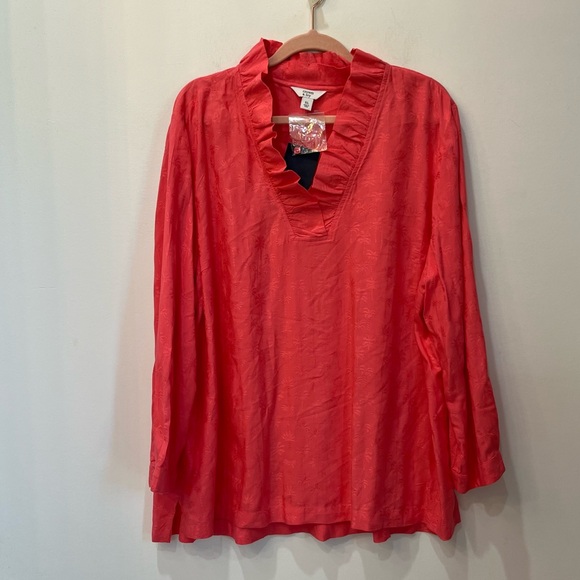 crown & ivy Tops - NWT Crown and Ivy ruffle neck coral palm tree blouse size XL